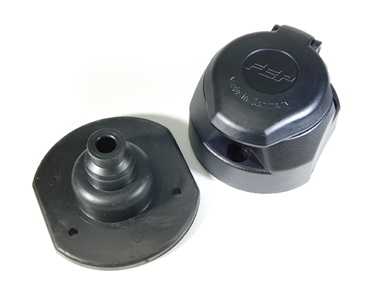 FEP 2015300 black trailer socket with closed lid beside a cable-entry boot